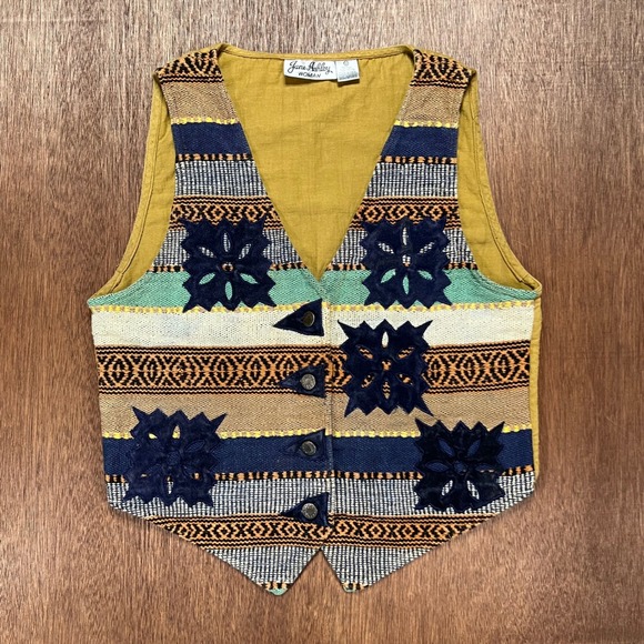 Jane Ashley Jackets & Blazers - Jane Ashley Vintage Southwestern Woven Vest Cotton Applique Mustard